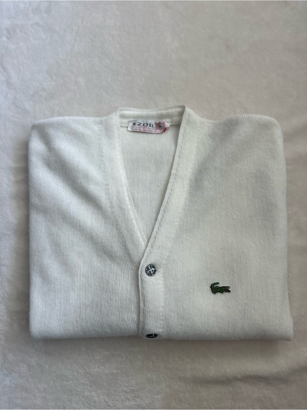 Vintage IZOD x Lacoste White V-Neck Cardigan with Green Crocodile Logo